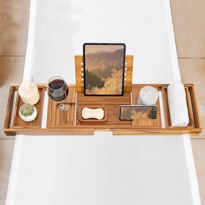 Teak Bathtub Caddy Tray with Book Stand & Soap Holder, Teak | Expandable to 41 Inches & Anti-Slip Pads for Luxury Bath Spa - color: Teak