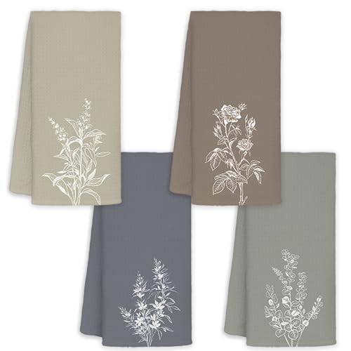 JINYO Minimalist Floral Hand Towels for Bathroom Set of 4, Boho Neutral Botanical Decorative Towels for Kitchen Spa Guest Bathroom Decor, Wildflower Decor Dish Tea Towels, 16x24 Inch - color: Minimalist Floral Towels-2