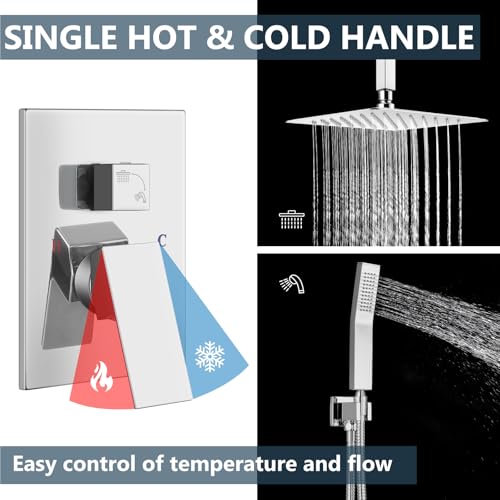 Aolemi Ceiling Mount Shower System Rain Shower Head with Handheld Spray High Pressure Shower Faucet Set Rough-in Valve Shower Trim Kit Included Bathroom Polish Chrome 8 Inch Ceiling Shower Head - color: Chrome, size: 8 Inch Ceiling Shower Head