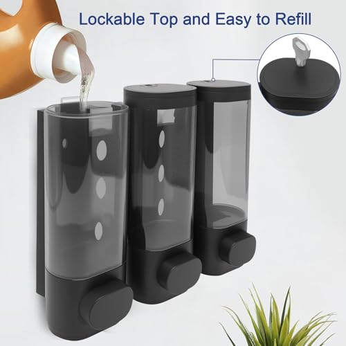 3-Chamber Wall Mount Shower Dispenser, No-Drill or Drill Install for Shampoo, Conditioner, Body Wash, Refillable Soap Dispenser for Home, RV & Hotel, Eco-Friendly & Space-Saving (Matte Black) - color: Matte Black