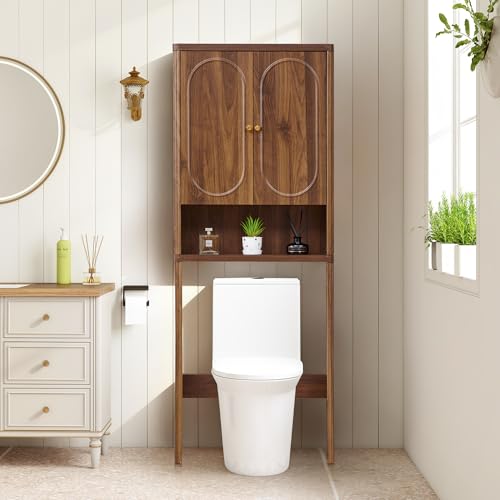 ORRD Fluted Over The Toilet Storage Cabinet, Bathroom Toilet Storage Cabinet with Door, Wood Curved Over The Toilet Space Saver Cabinets for Restroom Bathroom, Walnut