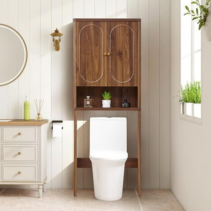 ORRD Fluted Over The Toilet Storage Cabinet, Bathroom Toilet Storage Cabinet with Door, Wood Curved Over The Toilet Space Saver Cabinets for Restroom Bathroom, Walnut
