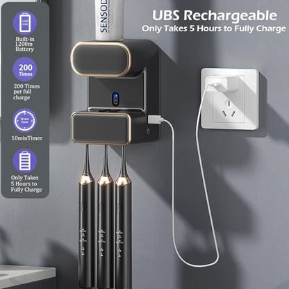 Automatic Toothpaste Dispenser, Electric Toothpaste Dispenser Multi-Function, Toothpaste Dispenser Wall Mounted with 3 Brush Slots, Toothbrush Organizer and Holder for Bathroom (Black) - color: Black