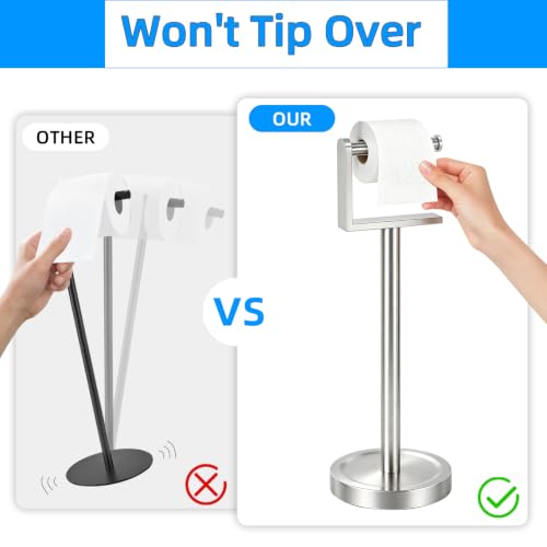 Heavy Duty Toilet Paper Holder Stand, Stable Weighted Base Toilet Paper Holder Free Standing, Stainless Steel Bathroom Free Standing Toilet Paper Roll Holder, Silver Tissue Rack - color: Silver