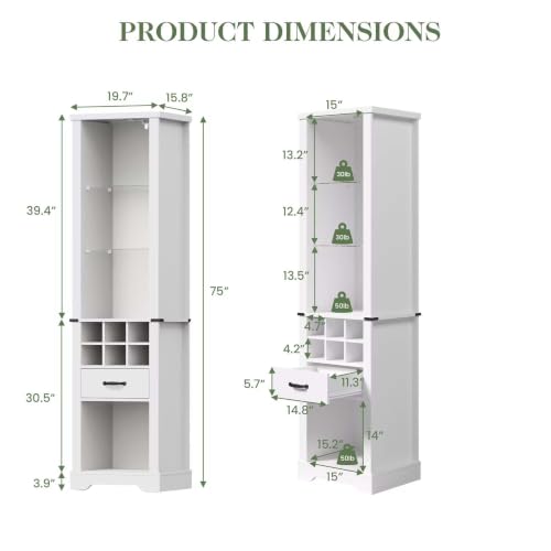 Tall Storage Cabinet with LED Lights and 3 Tier Adjustable Tempered Glass Shelves, Wine Bottle Storage and Reinforced Base, Freestanding Linen Tower w/ Extra Drawer for Kitchen, Living Room