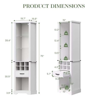 Tall Storage Cabinet with LED Lights and 3 Tier Adjustable Tempered Glass Shelves, Wine Bottle Storage and Reinforced Base, Freestanding Linen Tower w/ Extra Drawer for Kitchen, Living Room