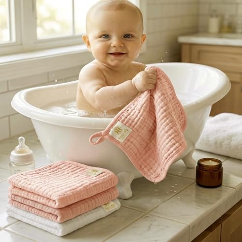 10 Pack Baby Washcloths - Soft Face Muslin Burp Cloths for Baby Towels, Absorbent Bath Wash Cloths, Wipes, Burp Rags - Toddlers Essentials Stuff, Baby Registry Search as Shower -11.8"x11.8" - color: Pink-10Pack-Binding