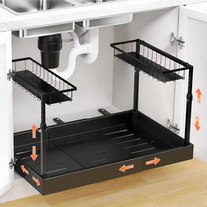 Aisslro Under Sink Organizer, 2 Tier Pull Out Cabinet Organizer, Expandable & Adjustable Slide Out Shelf 13.2''–20.3'', Under Sink Storage for Kitchen Bathroom Laundry Cabinet Storage, Black - size: Small