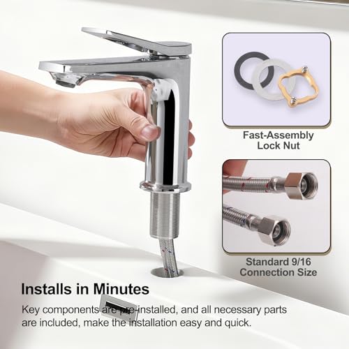 Rbrohant Single Hole Bathroom Faucet, Polished Chrome Single Handle Bathroom Sink Faucets for 1 Hole,Bathroom Vanity Faucet with Pop up Drain, Deck Mount, R2001-PC - color: Polished Chrome, style: No Escutcheon