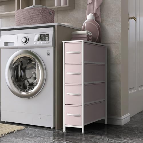 Sorbus Kids Narrow Dresser with 4 Drawers - Vertical Slim Storage Chest of Drawers with Steel Frame, Wood Top & Easy Pull Fabric Bins for Small Spaces, Closets, Bedroom, Bathroom & Laundry - color: Pink, style: 4 Drawer
