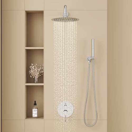 BESy Shower System with 10 Inch Round Rain Shower Head and Handheld Wall Mounted, High Pressure Rainfall Shower Faucet Fixture Combo Set with 2 in 1 Handheld Showerhead for Bathroom, Chrome - color: Chrome