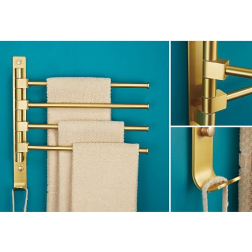 ZHOUXIAO Swing Out Towel Bar Holder Wall Mount Gold Finish/Swivel Towel Rack for Bathroom or Kitchen, Metal Towel Bar Folding Arm Swivel Hanger Bathroom Storage 2Bars