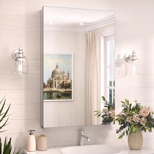 TokeShimi 20x32 Bathroom Cabinet Mirror Tempered, Aluminum Silver Recessed Medicine Cabinet with Mirror Frameless Stepless Adjustable Shelf, Surface Mount Medicine Cabinet for Bathroom - color: Silver, size: 20x32 in