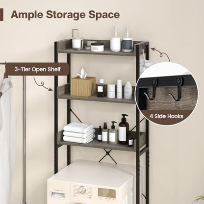 Giantex Over The Toilet Storage Shelf, 3-Tier Freestanding Space Saver Above Toilet with 4 Hooks, Adjustable Bottom Bar, Over Toilet Bathroom Organizer for Restroom, Laundry, Easy Assembly - color: Grey + Black