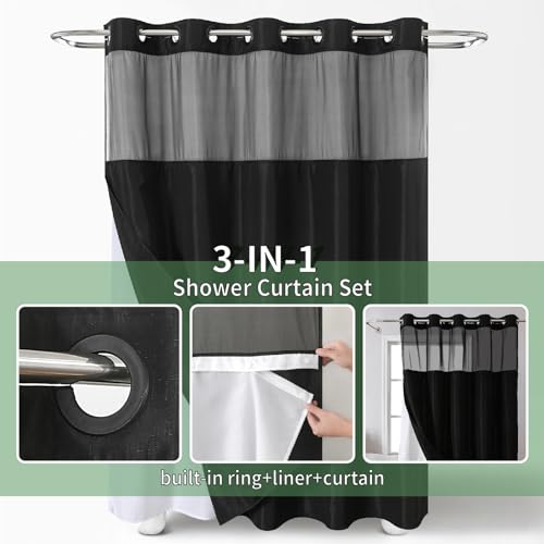 eachope Black No Hook Shower Curtain with Snap-in Fabric Liner Set,Slub Textured Fabric Shower Curtains for Bathroom,Hotel Style Modern Shower Curtain,Water Repellent & Washable,71x74(72) | Hotel Style Fabric with See-Through Top Window, Water Repellent &