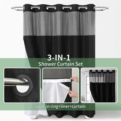 eachope Black Long No Hook Shower Curtain with Snap-in Fabric Liner Set,Slub Textured Fabric Shower Curtains for Bathroom,Hotel Style Modern Shower Curtain,Water Repellent & Washable,71x80(78) | Extra Long Hotel Style Fabric with See-Through Top Window, W