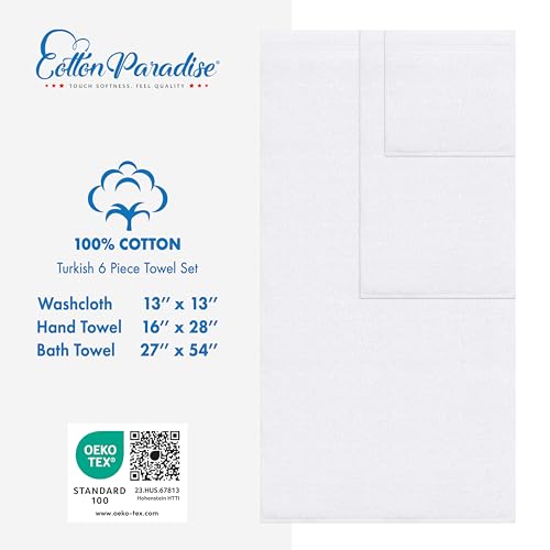 Cotton Paradise 100% Cotton Turkish Towel Set, Soft Absorbent Quick Dry, 6 Piece Towel Set, Snow White - color: Snow White, size: (27"x54") +( 16"x28") + (13"x13")