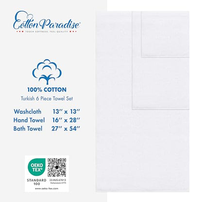 Cotton Paradise 100% Cotton Turkish Towel Set, Soft Absorbent Quick Dry, 6 Piece Towel Set, Snow White - color: Snow White, size: (27"x54") +( 16"x28") + (13"x13")