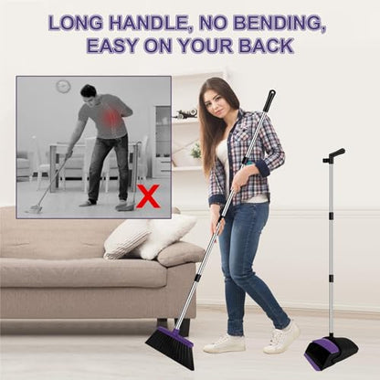 Broom and Dustpan Combo Set, 51" Long Handle Broom with Squeegee | Wet & Dry Cleaning for Pet Areas, Built-in Comb Dustpan, Foldable Space-Saving Storage, Multi-Surface Floor Cleaning - color: Purple