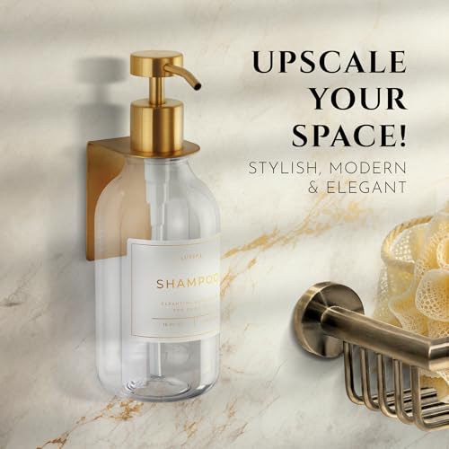 Shower Shampoo Dispenser Wall Mounted – Refillable 16.9 oz Clear Bottle with Stainless Steel Pump & No-Drill Adhesive Holder – Soap Dispenser for Bathroom (1 X Clear/Gold) - color: 1 X Clear/Gold
