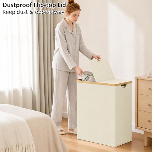 efluky Laundry Hamper with Lid, Double Laundry Basket with 2 Removable Bags, 2 Section Laundry Bin with Bamboo Handles for Bathroom, Bedroom & Laundry Room, 170L (44.9 Gallon) Beige - color: Beige, size: 170L Dual