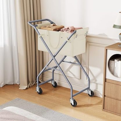 No-Bend Laundry Cart- Rolling Hamper with Locking Wheels & Handle, Foldable Basket Screw-Free Assembly, Durable Metal Frame & Removable Liner Bag for Bedroom & Bathroom (Beige) - color: Beige