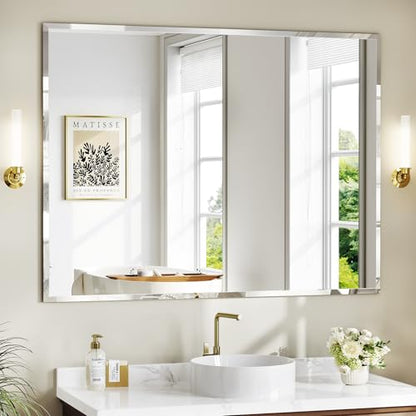 36"x48" Frameless Bathroom Mirror, Beveled Bathroom Vanity Mirror | Wall Mount Mirrors for Bedroom Entryway Living Room Hangs Horizontally or Vertically - size: 48"L x 36"W