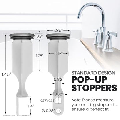 (2-Pack) Bathroom Sink Pop-Up Stoppers - with Brushed Nickel Finish - Fits Most Pop-Up stoppers Design 1-3/8” Cap Outer Diameter, 4-1/2 Overall Height - with 2 Mounting Holes and Gasket Seal