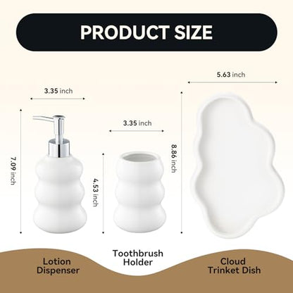 3-Piece White Ceramic Bathroom Accessories Set with Tray, Lotion Dispenser, and Tumbler for a Luxurious Bath Experience - color: White