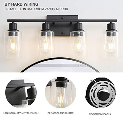 Bathroom Vanity Light Fixtures, 4-Light Matte Black Bathroom Lights, Wall Sconces with Clear Glass Shade for Hallway Farmhouse Bedroom Living Room - color: Black 4-Light