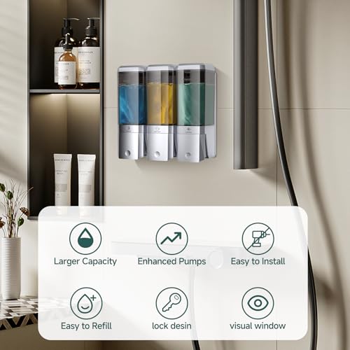 Shampoo and Conditioner Dispenser Wall Mounted No Drill, Shower Soap Dispenser 3 Chamber Shampoo Conditioner Body Wash Refillable 3 * 17oz Shower Soap Dispenser for Bathroom Hotel, Silver+Smoke Gray - color: Silver-smoke Gray-3