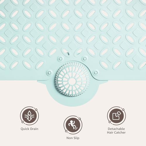 OTHWAY Bath Mat for Tub Non Slip: 39" X 17" Long Bathtub Mat with Hair Catcher│Big Drain Holes Shower Mats for Inside Shower│Machine Washable (Light Blue) - color: Light Blue