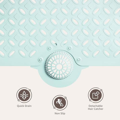 OTHWAY Bath Mat for Tub Non Slip: 39" X 17" Long Bathtub Mat with Hair Catcher│Big Drain Holes Shower Mats for Inside Shower│Machine Washable (Light Blue) - color: Light Blue