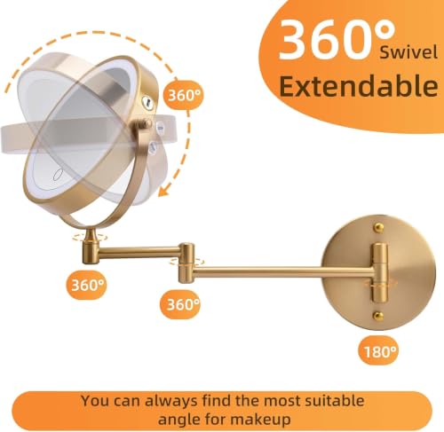 Wall Mounted Makeup Mirror with Lights, 8" Rechargeable 1X/10X Magnifying Mirror, 360° Swivel Extendable Arm, 3 Color LED (1, Gold) - color: Gold