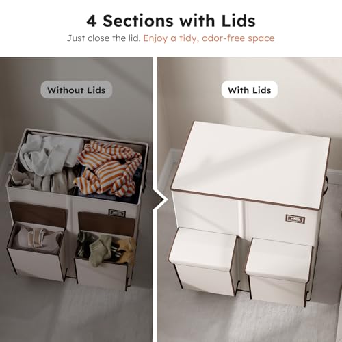 SOLEDI 180L Double Laundry Hamper with Lid and 2 Side Pockets, Dual Hamper | 2 Section Laundry Basket, Removable & Washable Laundry Bags, 180L Large Capacity, for Bedroom, Bathroom, Laundry Room, Dorm - color: Beige