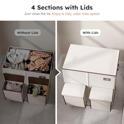 SOLEDI 180L Double Laundry Hamper with Lid and 2 Side Pockets, Dual Hamper | 2 Section Laundry Basket, Removable & Washable Laundry Bags, 180L Large Capacity, for Bedroom, Bathroom, Laundry Room, Dorm - color: Beige