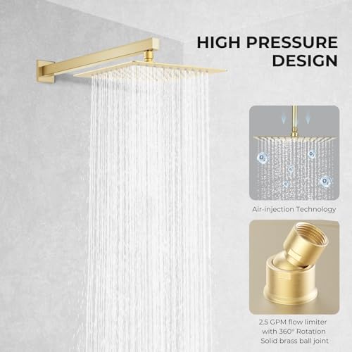 10 Inch Rain Shower Head, Square Rainfall & High Pressure, 304 Stainless Steel, 1/16" Ultra Thin, Waterfall Full Body Coverage with Silicone Nozzle, Brushed Gold - color: Golden, size: 10 Inch
