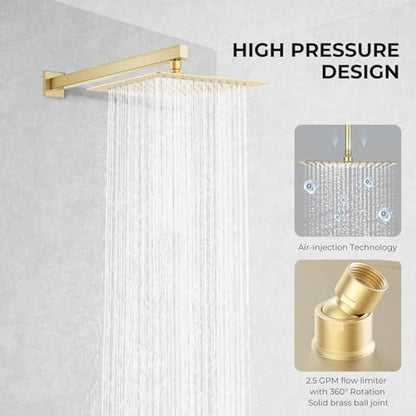 10 Inch Rain Shower Head, Square Rainfall & High Pressure, 304 Stainless Steel, 1/16" Ultra Thin, Waterfall Full Body Coverage with Silicone Nozzle, Brushed Gold - color: Golden, size: 10 Inch