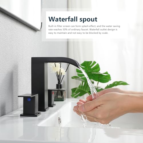VCCUCINE Black Bathroom Faucet 3 Hole, 8 Inch Widespread Square Waterfall Bathroom Sink Faucet,Matte Black Vanity Bathroom Faucets for Vanity, Restroom, Commercial with Pop Up Drain and Supply Lines