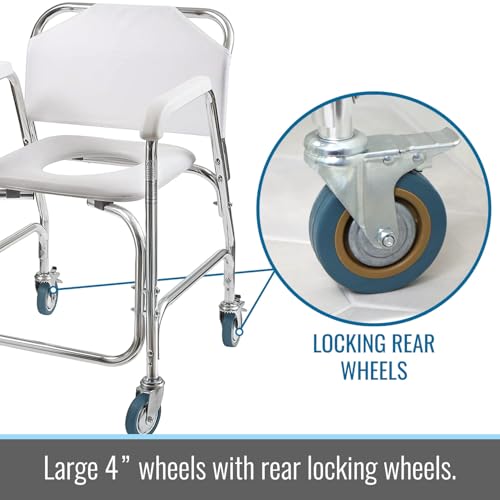 DMI Rolling Shower Chair, Commode, Transport Chair, FSA Eligible, Rolling Bathroom Wheelchair for Handicap, Elderly, Injured or Disabled, 250 Lb. Weight Capacity, Aluminum Frame, White