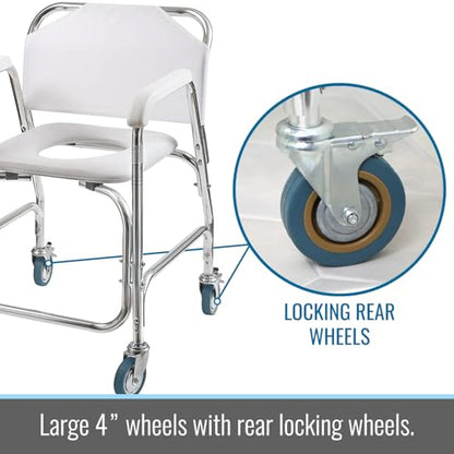 DMI Rolling Shower Chair, Commode, Transport Chair, FSA Eligible, Rolling Bathroom Wheelchair for Handicap, Elderly, Injured or Disabled, 250 Lb. Weight Capacity, Aluminum Frame, White