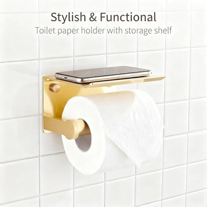 YOUDA Gold Toilet Paper Holder with Shelf Wall Mount - Self-Adhesive No Drill & Screw Mounted, Rust-Resistant Aluminum Space Saving Bathroom Storage