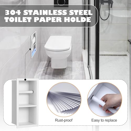 Recessed Toilet Paper Holder 304 Stainless Steel Tissue Paper Holder Bathroom Storage in Wall Tissue Toilet Roll Wall Space Saving Restroom Napkin Frame, White