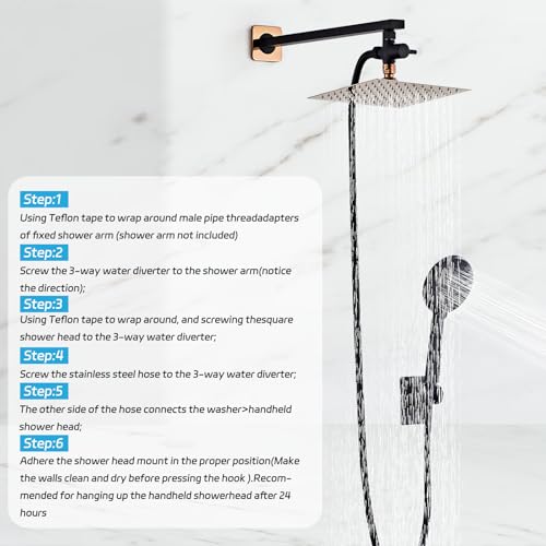 Shower Head 8'' High Pressure Rainfall, Handheld Shower Combo with 11'' Extension Arm, 5 Spray, Anti-leak Luxury Premium Quality, Rainfall Shower Head with Handheld Spray Combo, Rose Gold - color: Rose Gold, size: 8in