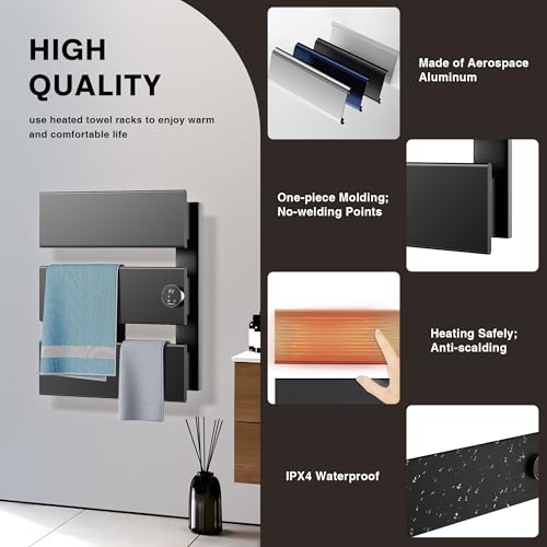 K&KALONZO Electric Towel Warmer Wall Mounted, Fast Heat in 2 Min, NTC Safety | 5 Timers & 3 Heat Levels Control, 2H Rapid Dry, Plug-In/Hardwired, Anti-Scald, Aluminum Heated Towel Rack for Bathroom, K3RB - color: Black, size: 3-Bar