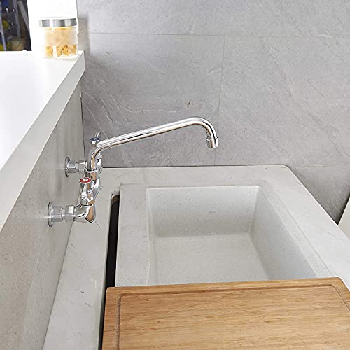 Wall Mount Kitchen Faucet with 10 Inch Swivel Spout, Chrome | Lead-Free Brass,8 Inches Center,Dual Handle Hot & Cold Mixer, Commercial Faucet for Restaurant/Laundry/Utility Sinks - size: 10 Inch
