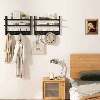 YMYNY Double Shelf Coat Rack Wall Mount with 8 Hooks, Black HWS009B-2 | Wooden Coat Hanger Key Holder Wall Mount for Coats Hats Keys - Wood Wall Mounted Coat Rack with Shelf for Entryway & Bathroom - color: Black