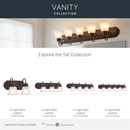 Kichler 5-Light Bathroom Vanity Light, Tannery Bronze | Damp-rated vanity light with satin etched glass (36" x 8" x 5"), 5339TZS - color: Tannery Bronze, size: 36"