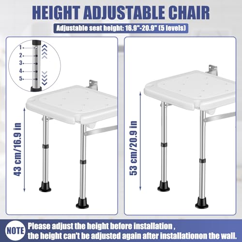 Wall Mounted Folding Shower Seat | Height-Adjustable, 400lbs Heavy Duty Support, Foldable, For Elderly, Adults, Pregnant Women & Disabled