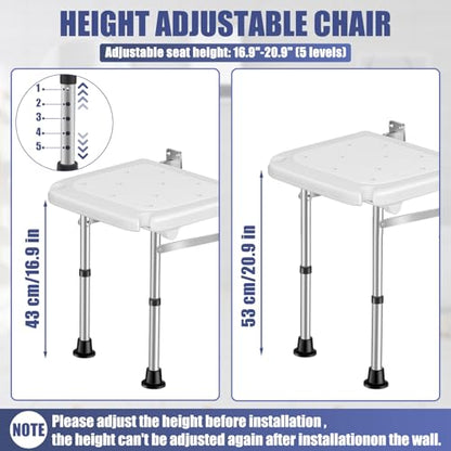 Wall Mounted Folding Shower Seat | Height-Adjustable, 400lbs Heavy Duty Support, Foldable, For Elderly, Adults, Pregnant Women & Disabled